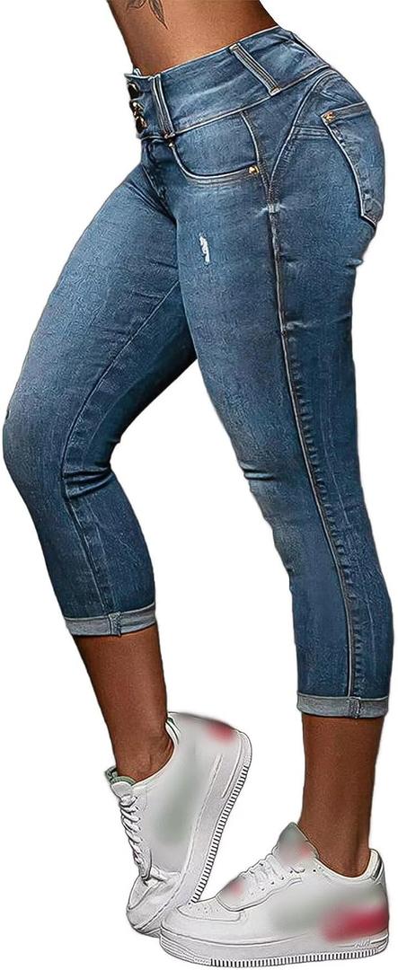 Flamingals Capri Jeans for Women Butt Lifting Stretch Mid Rise Skinny Capris Denim Jeans S