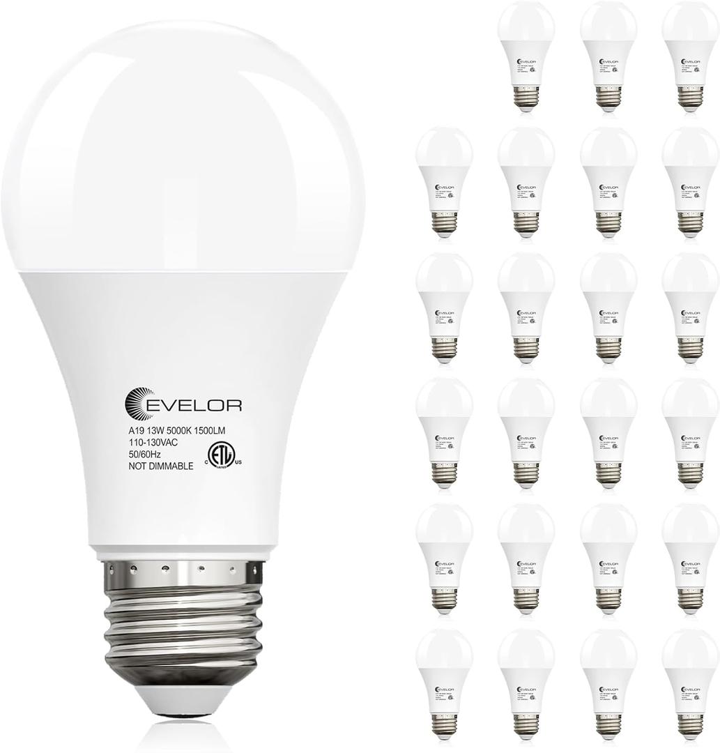 Evelor 24-Packs A19 LED Light Bulbs,100 Watt Equivalent Daylight 5000K Bright Bulbs Efficient 13W,1500 Lumens E26 Base, Non-Dimmable, 15000-Hour Lifespan for Bedroom, Living Room, Office