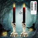 DRomance Black Flameless Taper Candles Battery Operated with Remote and Timer, Blood Dripping Wax LED Flickering Candles Skeleton Hand Holders Dinner Table Halloween Decor Lights(2 Pack, 3 x 12)