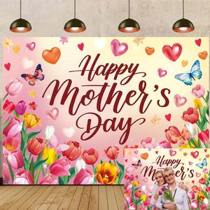 Happy Mother's Day Backdrop Pink Flower Heart Thanks Mother Photography Background Mother's Day Party Decorations Photo Booth Props (Pink, 7x5FT210x150cm)