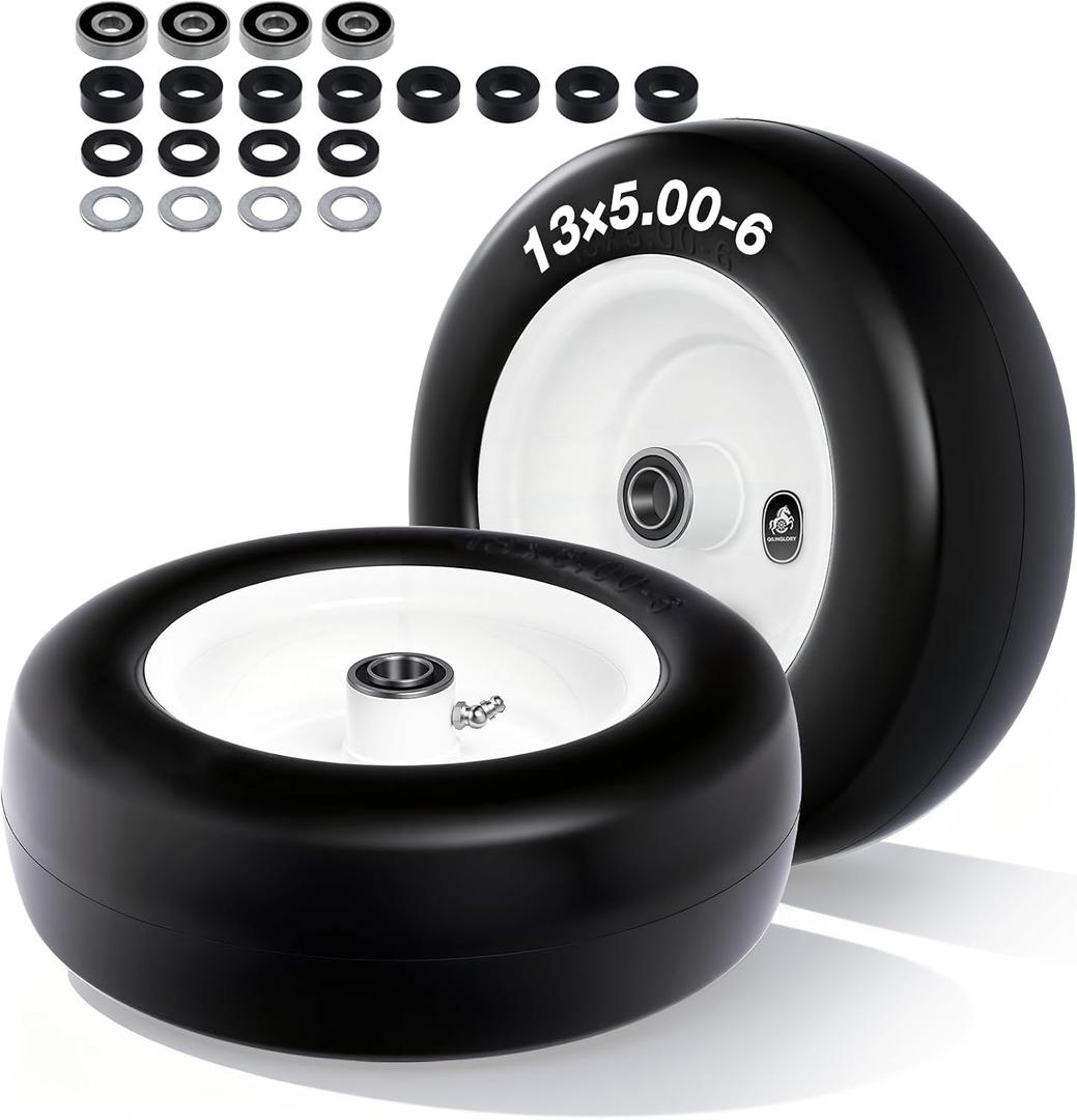 13x5.00-6 Flat Free Lawn Mower Tire and Wheel with 3/4" bearing bore, with 5/8” Extra Bearings & Adjustable Spacers, for Riding Mower, Lawn Tractor, 500 lbs Capacity, 2-Pack