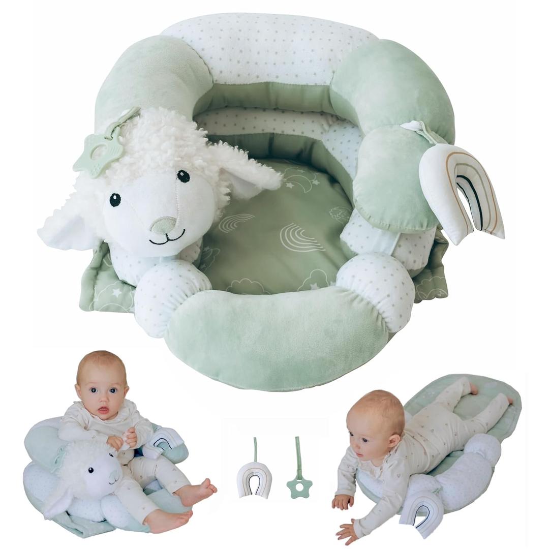 2-in-1 Tummy Time Mat and Seated Support with Sensory Toys  for Newborns and Babies  Includes Detachable Cushion for Supervised Play & Head/Neck Development (Sage)