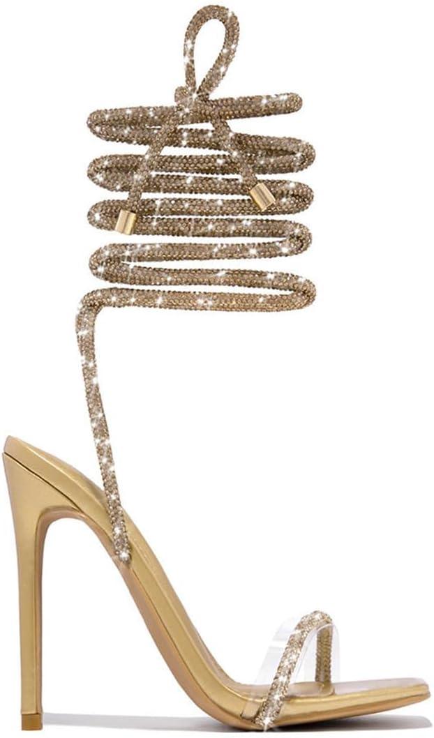 GATUXUS Sexy Women's Stilettos High Heel Gladiator Strappy Sandals Square Toe Lace Up Dressy Pumps Shoes (10, Gold)