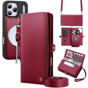 for Wallet Case Compatible with iPhone 17 Pro Max,Multi-Function Detachable 2 in 1 Magnetic iPhone 17 Pro Max Case Wallet,Flip Strap Zipper Card Holder Phone Case with Shoulder Straps (Red)