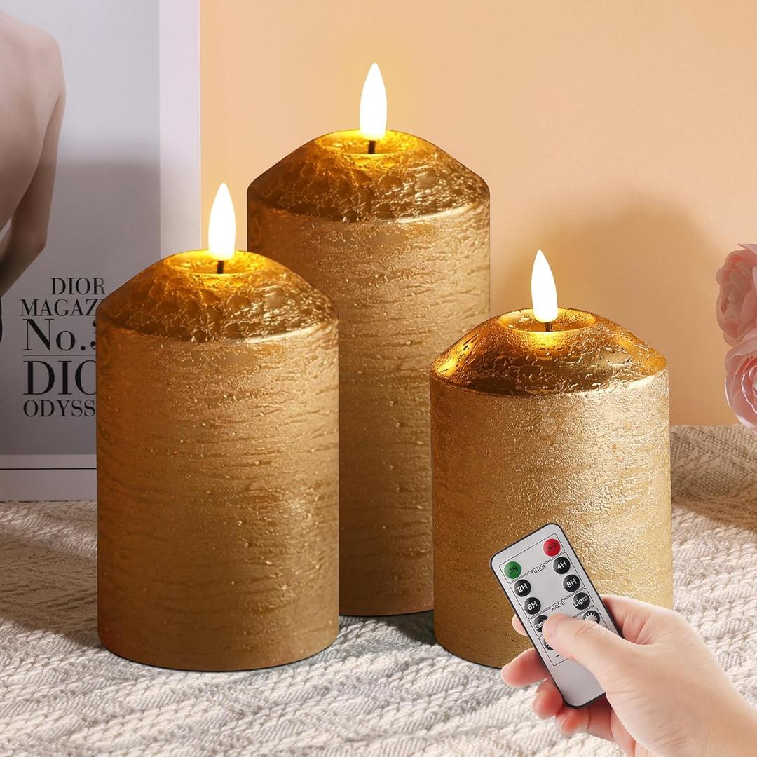Eywamage Gold Flameless Pillar Candles with Remote, Flickering LED Wax Candles Battery Operated Set of 3