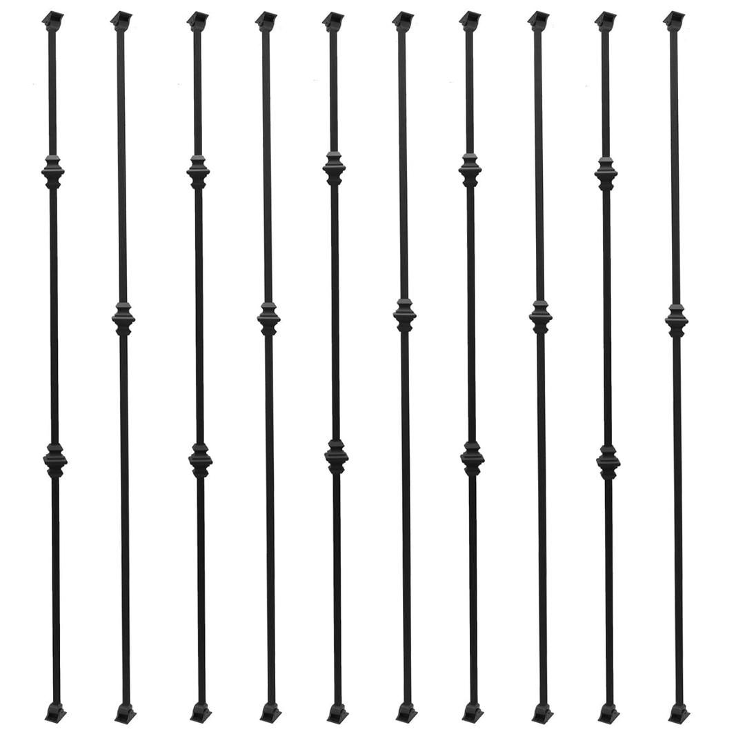 10-Pack Iron Balusters for Stairs  44" Hollow Metal Stair Spindles with Double & Single Knuckle Design, 1/2" Square Wrought Iron Balusters with 20 Swivel Shoes  Matte Black Stair Railing Baluster