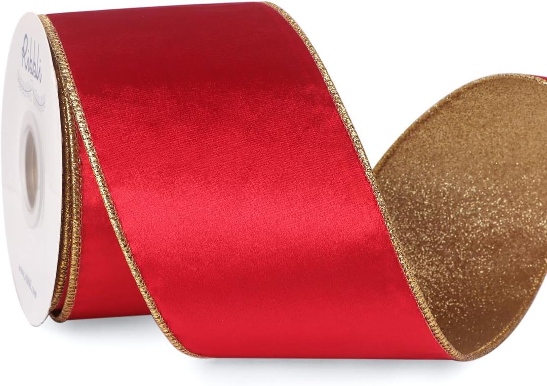 Ribbli Red Velvet Ribbon Wired 4 Inch Glossy Velvet with Gold Glitter Christmas Ribbon for Christmas Tree Decoration Big Bow Gift Wrapping Crafts Wreaths Supplies - Continuous 10 Yards