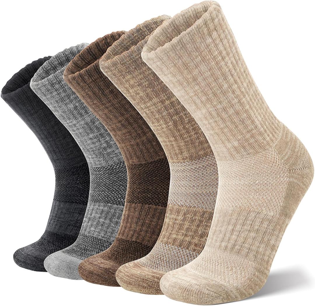 ANTSANG Merino Wool Hiking Socks for Men & Women 5 Pairs Thermal Warm Winter Thick Cushion Moisture Wicking Crew Boot Socks (Medium, Khaki Mixed)