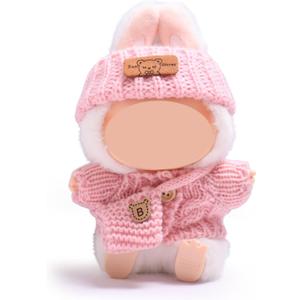 17cm Doll Clothes(No Doll),Crochet 3-Piece Set Hat Clothes Backpack,Stylish Dolls Clothes Accessories,Cute Doll Clothes Suit (Pink)