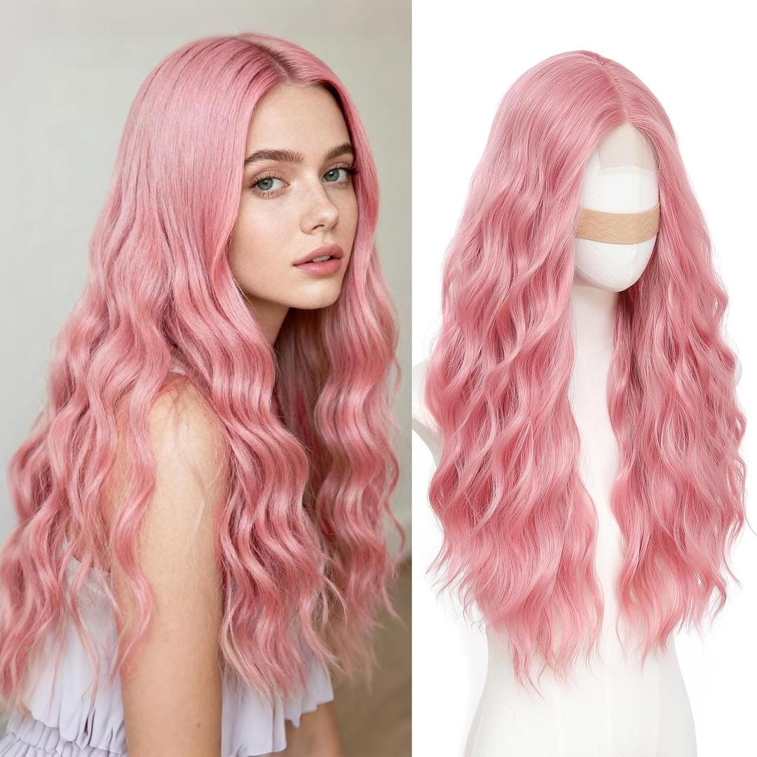 Beelu Pink Wigs for Women 26 Inch Long Wavy Wig Middle Part Lace Hairline Synthetic Heat Resistant Wig for Daily Party Cosplay Use