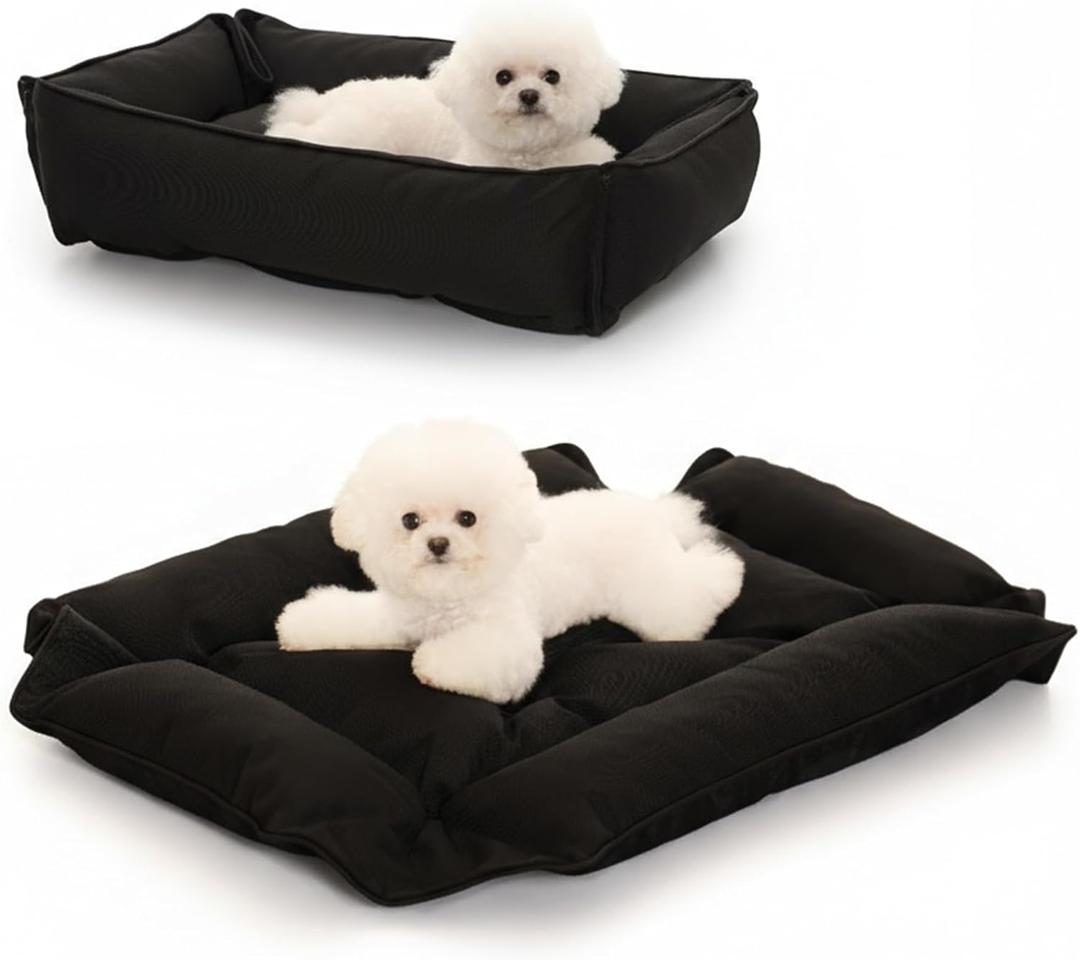 Waterproof Oxford Dog Bed, Foldable Crate Mat for Dogs, Orthopedic Pet Cushion with PP Cotton, Chew Resistant, Anti-Slip Base, Indoor Outdoor Washable Portable Bed, Black 27x40 Inches