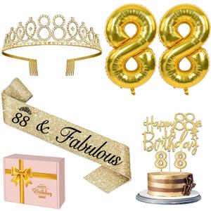 88th Birthday Decorations for Women Gold with 88th Birthday Sash and Tiara, Cake Topper and Candles, Number Balloons, 88 Year Old Gifts for Women