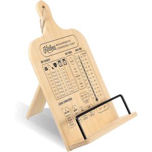 COMNICO Bamboo Cookbook Stand for Kitchen Counter, Foldable Cook Book Holder with Measurement Conversion Chart Recipe Book Stand Essential Accessories for Holding Cookbooks, 1"D x 9"W x 15"H