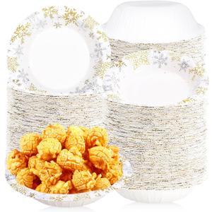 100Pcs Snowflake Paper Bowls 12 Oz Disposable Gold Silver Winter Bowl White Gold Snowflake Salad Bowls for Winter Holiday Wedding Party Decorations