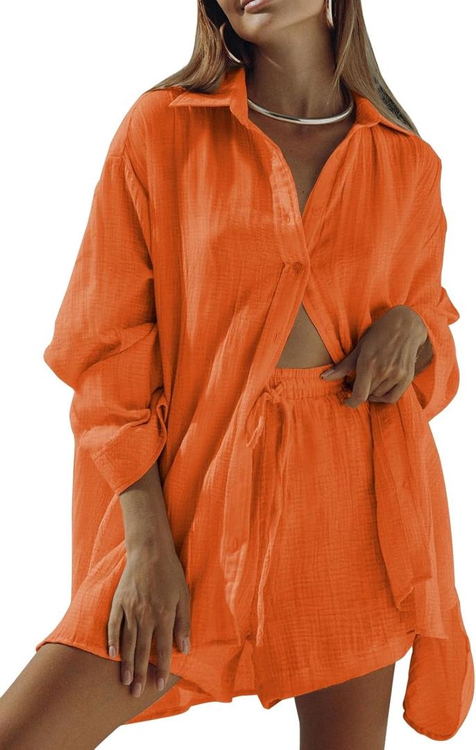 VamJump Women's 2 Piece Outfits Casual Long Sleeve Button Down Shirt and Shorts Tracksuit Matching Sets (Orange, M)