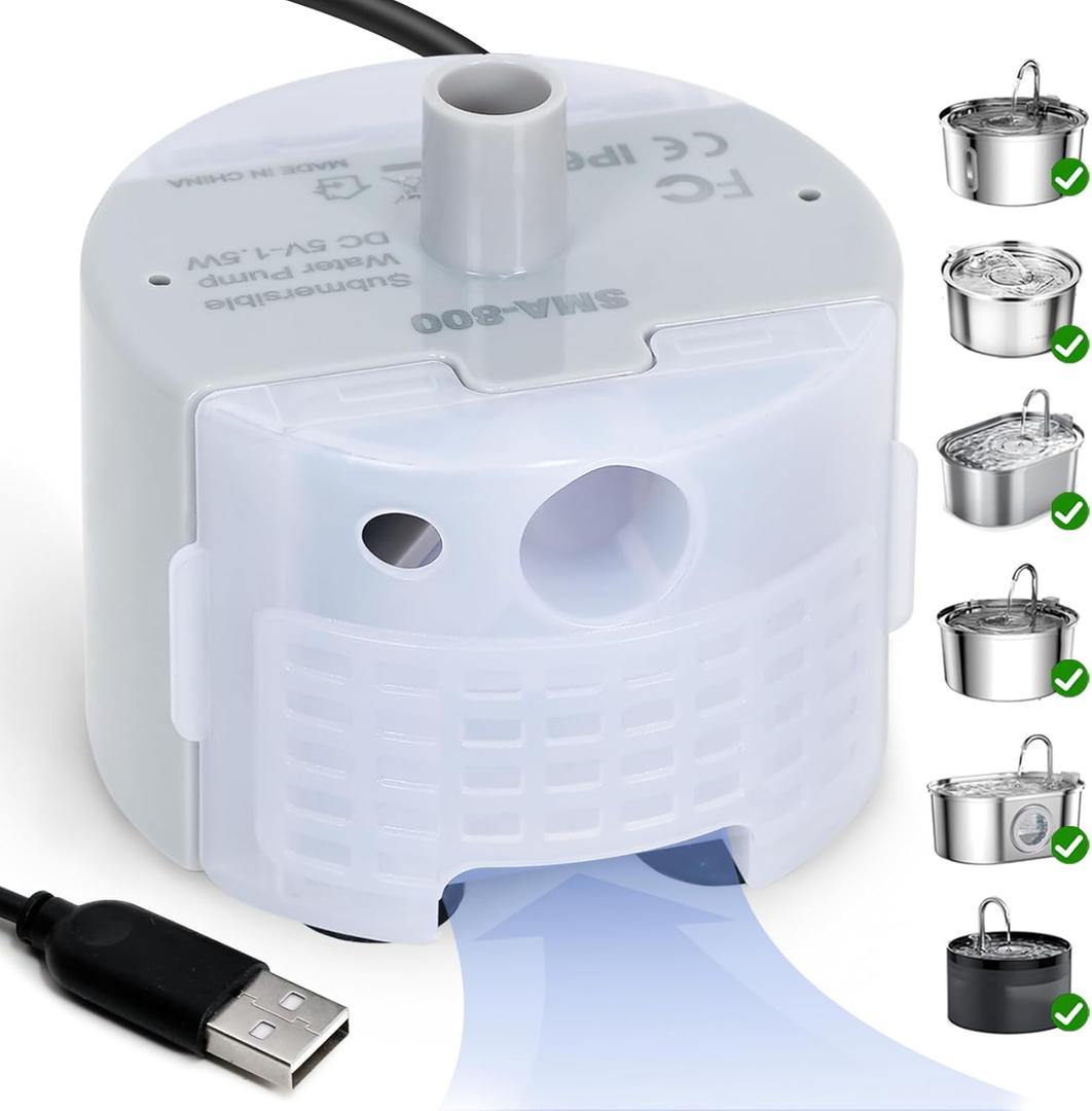 Ultra-Quiet Replacement Pump for Stainless Steel Cat Water Fountains - SMA-800 Motor - Safe and Easy to Clean with Low Voltage DC 5V and USB Cable (Pump) (Bottom Pump)