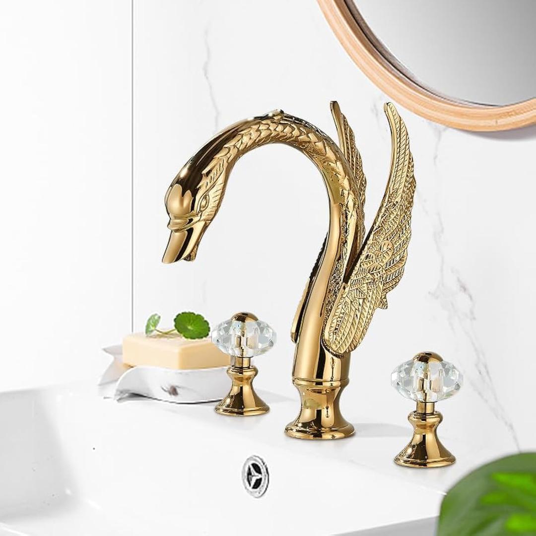 Polished Gold Swan Shaped 3 Hole Lavatory Faucet with 2 Crystal Knobs - Deck Mount Bird Faucet
