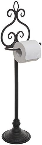 MyGift Free Standing Toilet Paper Holder Black Metal Scrollwork Design Bathroom Tissue Paper Stand - Single Roll Storage Rack