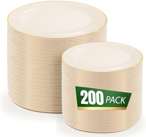 bUCLA 200PCS Ivory Plastic Plates with Gold Rim - Heavy Duty Cream Disposable Include 100 Dinner 10 inch & 100 Dessert 7 inch Plates, Ideal for Party & Wedding