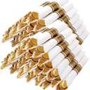 Nervure 400PCS Pre Rolled Gold Plastic Silverware Sets - Heavy Duty Hammered Gold Cutlery Include 100 Pack Wrapped Disposable Utensils with Napkins for Parties, Dinners & Weddings