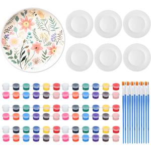 Marspark 6 Pcs 9 Inches Ceramic Painting Plate White Ceramic Plates with 6 Sets of 12 Colors Paint 6 Sets of 2 Brushes Porcelain Painting Craft Set for Family Gatherings Activities Art Supplies