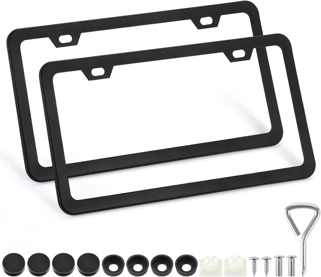 2 Pack License Plate Frames, 2 Holes Matte Black License Plate Frame,Aluminum License Plate Holder with Free Screws Fasteners Caps and Tool (Black-2 Holes)