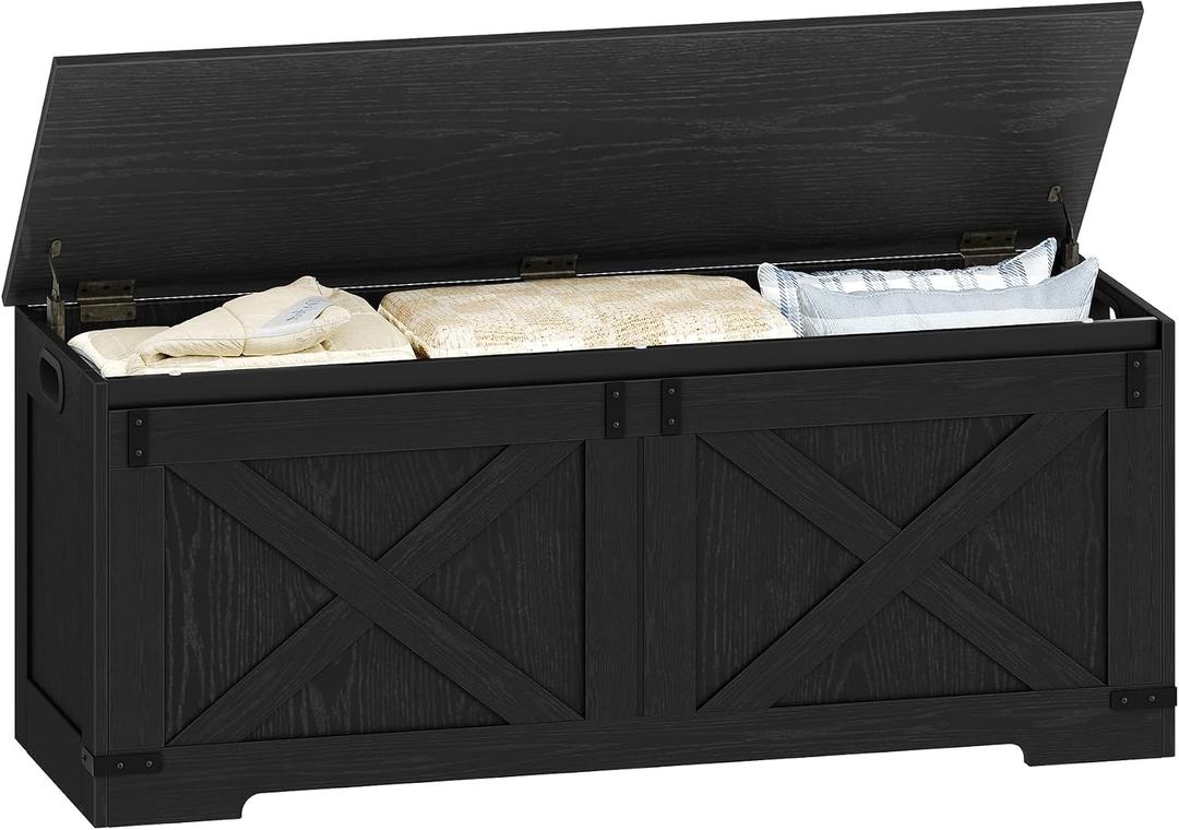 Hzuaneri 47" Storage Bench, Lift Top,225L/59Gal Storage Chest | Rustic Black, Farmhouse, FSC Wood, 330lb, Double Hinges Entryway, Bedroom, Living Room SB12104X