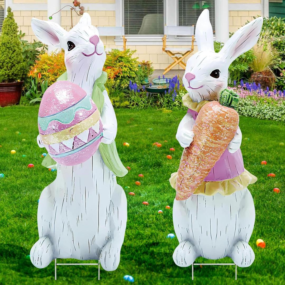 2 PCS Large Easter Decorations Outdoor Easter Yard Signs Easter Yard Decorations Outdoor with Metal Stakes Bunny Decorations Easter Outdoor Garden Sign Waterproof Lawn Signs for Pathway Walkway