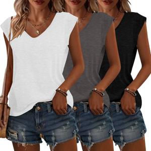 Women's 3 Pack T Shirts Cap Sleeve Tees U Neck Tank Tops Fashion Basic Tops 2025 (Small, Black White Gray)