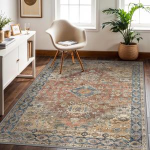 GENIMO 10x14 Area Rugs for Living Room, Machine Washable Non Slip Vintage Retro Rugs, Low Pile Lightweight Chenille Print Rug for Bedroom, Dining Room, Home Office, Red