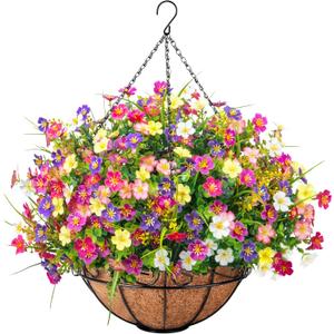 Ouddy Decor Artificial Hanging Flowers with Basket, Faux Silk Flowers in Coconut Lining Basket, Spring Summer Outdoor Decor Fake Hanging Plants for Garden Patio Yard Porch Lawn, Mixed Color