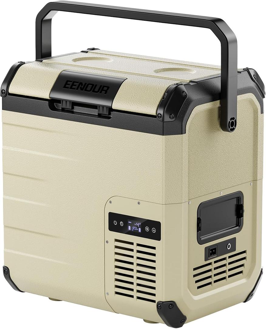 EENOUR D18 12 Volt Car Refrigerator, Portable Freezer 19Qt/18L Battery & Solar Powered Cooler 25W, -4~50, 12/24V DC, 110~240V AC, Electric Cooler Ideal for Road Trips, Camping (Battery Not Included) (Khaki)