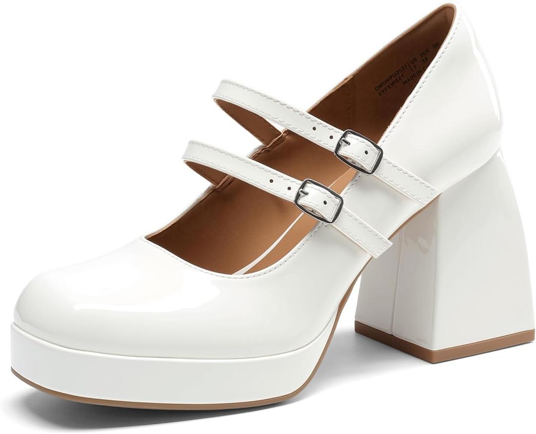 DREAM PAIRS Women's Platform Mary Jane High Chunky Closed Toe Heels Block Square Toe Double Strap Dress Pumps Fashion Party Y2K Shoes (7, White-pat)