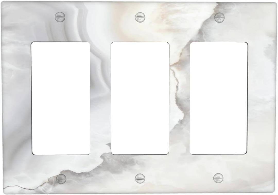 White Grey Marble Light Switch Cover Decorative Gray Marble Modern 3 Gang Triple Rocker Wall Plate Switch Plate Covers Electrical Outlets Faceplate for Kitchen Bathroom Bedroom 6.57" x 4.65"