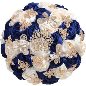 Handmade Wedding Flowers Bouquet Round Holding Bridal Bouquet Toss Artificial Rose Bunch for Bride Bridesmaid Wedding Quinceanera (Navy Blue & Cream, 7.5") Small (Dia. 7.5"/19cm)