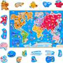 Montessori Mama World Map Wooden Puzzle, Continents and Oceans Puzzles for Kids Ages 4-6. Perfect Educational Toys for 4 Year Old Including Global Landmarks, Animals and Marine Life