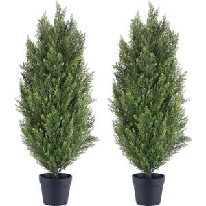 3ft Cedar Artificial Topiary Trees Outdoor Set of 2 - UV Resistant Faux Potted Plants, Fake Pine Evergreen Bushes & Shrubs for Front Door, Porch, Patio, Planter Decor 3 Foot (Cypress)