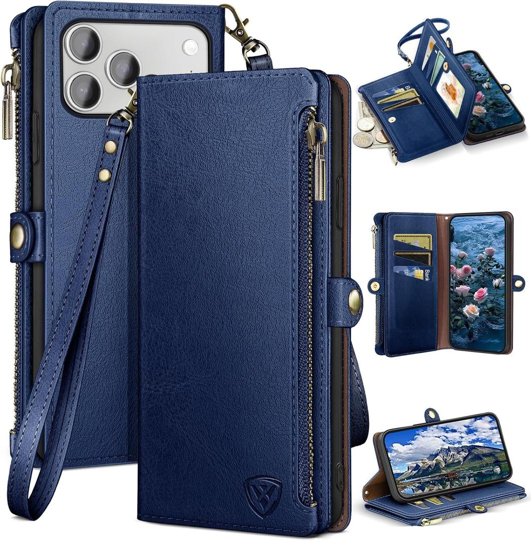 XcaseBar Compatible with iPhone 17 Pro 6.3" Wallet case with Zipper Credit Card HolderRFID Blocking,Flip Folio Book PU Leather Phone case Shockproof Cover Women Men for Apple 17 Pro case Blue