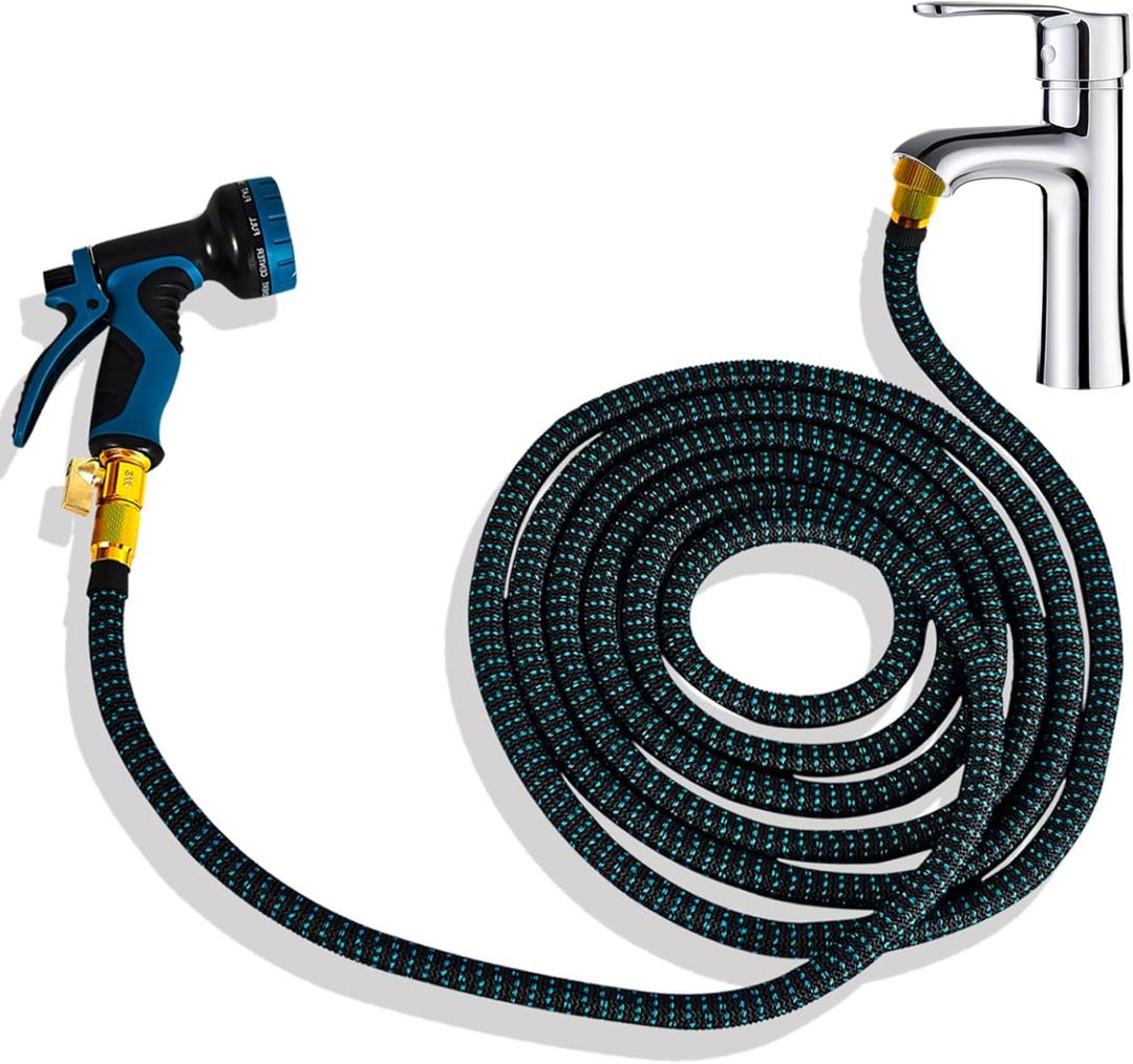 Lotoo Indoor Sink Hose Attachment for Faucet 25ft, Faucet Hose for Kitchen Sink or Bathroom Sink Faucet with 10-Function Nozzle, Watering, Washing Pets, Household Cleaning and Car Washing
