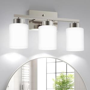 PARTPHONER 3-Light Brushed Nickel Bathroom Light Fixtures, Modern Vanity Light Over Mirror Lighting, Wall Sconce with Frosted Milky White Glass Shades for Bedroom Living Room Kitchen Hallway