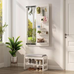 KungFuWood Full Length Mirror with Shelf and Hooks,Entry Way Mirrors for Wall,Wall Mirror with Shelf,Wall Mirror with Storage Multifunctional Design Panel,Living Room