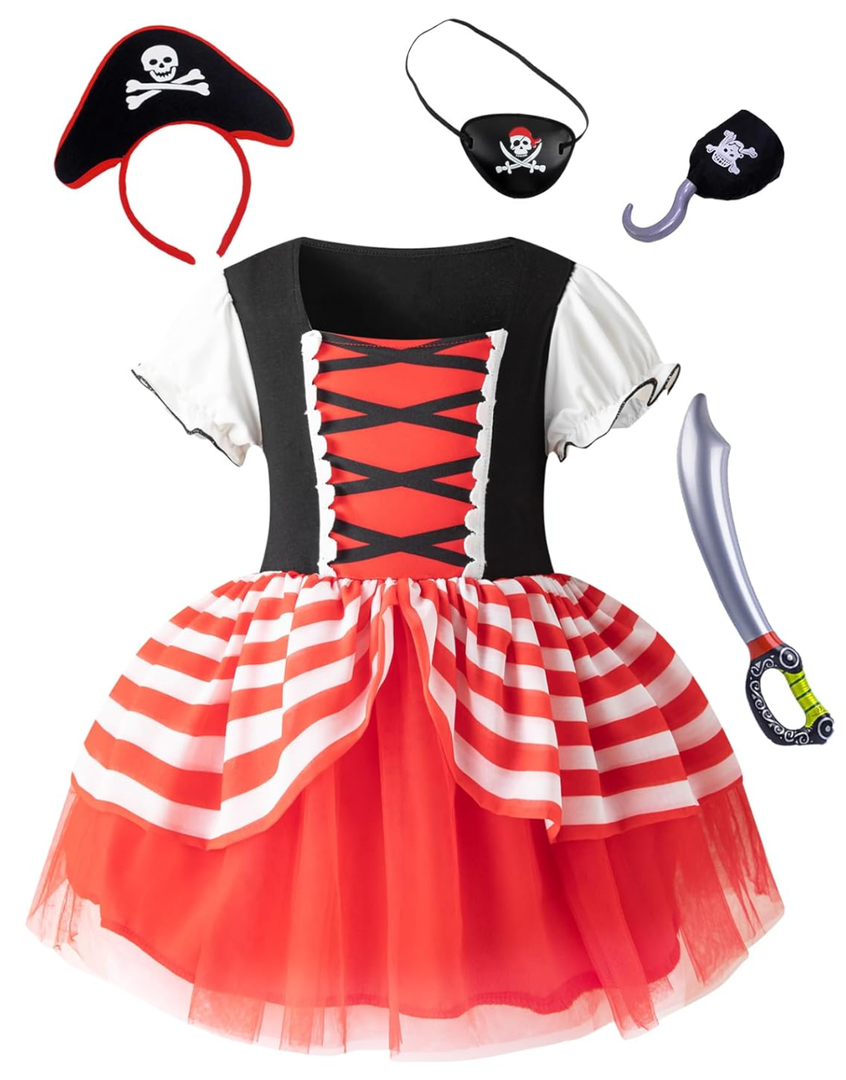 LATOBREATH Baby Little Girl Pirate Costume Princess Dress Halloween Party Dress up With Hat Eye Patch, 3-4Y