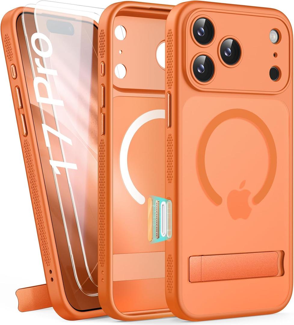 for iPhone 17 Pro Magnetic Case with Stand, 2 Glass Screen Protectors, Compatible with MagSafe, Camera Control, Military Grade, Lens Protection, Translucent Matte Case for iPhone 17 Pro, Orange