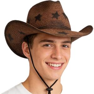 Straw Cowboy Hat, Western Cowgirl Hat with Star Print, Wide Brim Packable Sun Straw Hats for Men Women Travel Beach