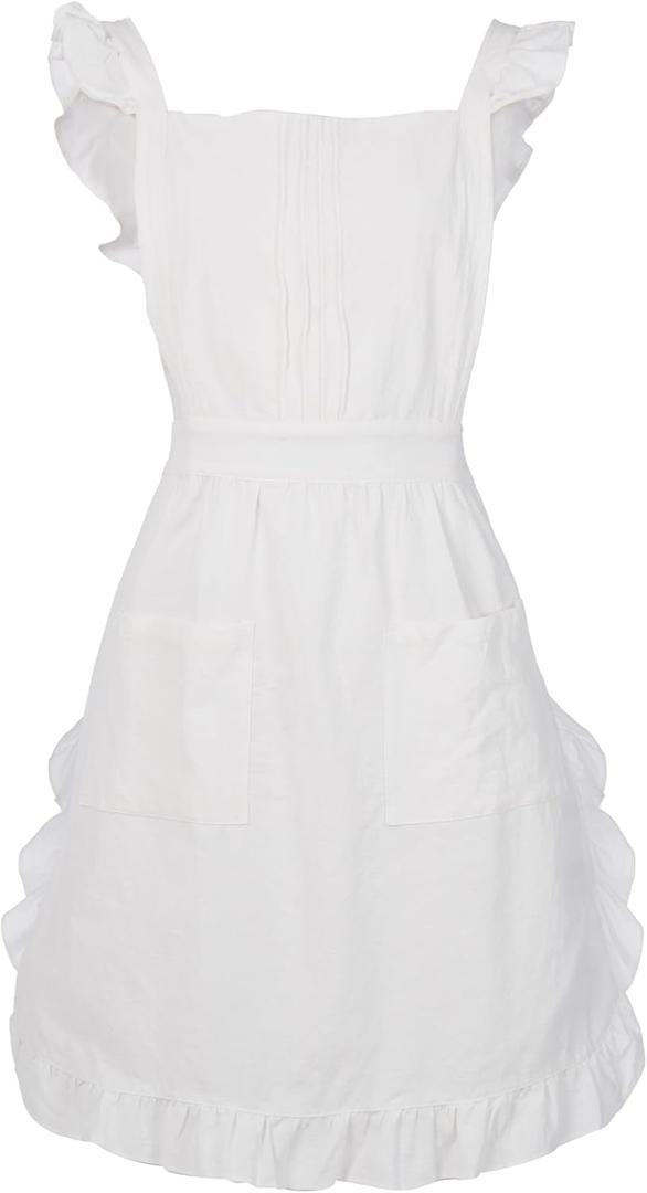 Tosewever Waist Aprons for Women with Pockets, Waitress Costume Apron for Party Cooking Kitchen (White)