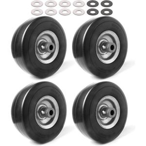 (4-Pack) 9x3.50-4 Flat Free Lawnmower Tire with 4" Centered Hub, 3/4" Bushings and Wheel Assemblies - PU Tire on Wheel and Adapter Kits (Silver(Smooth Tread))