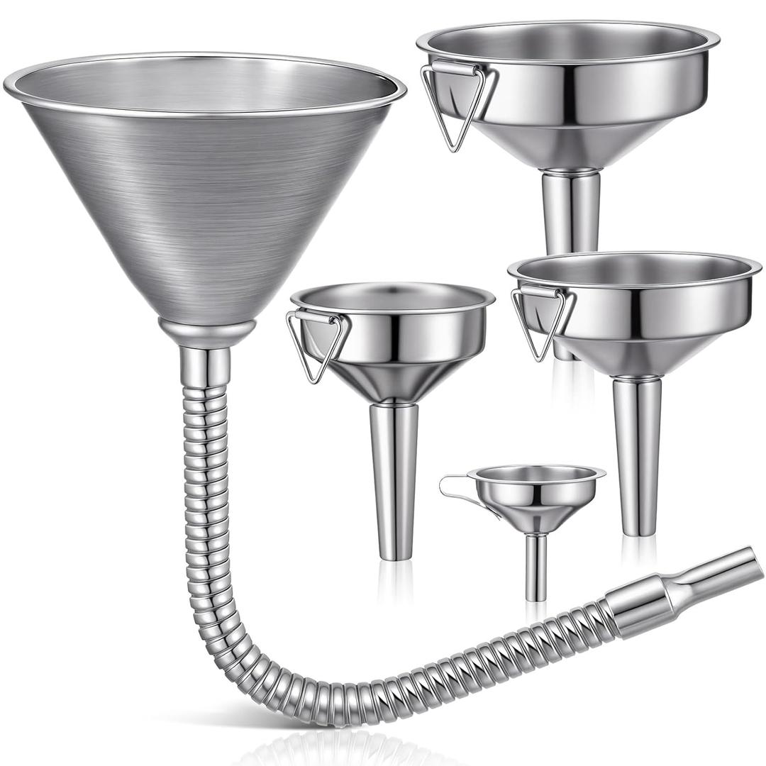 Blulu Set of 5 Stainless Steel Flexible Oil Funnels for Automotive Use Bendable Spout Funnel for Cars Boat Canning Diesel Fuel Other Liquids, with Hose and Filter