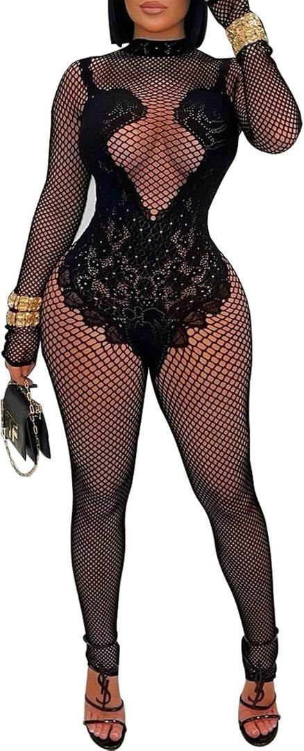 WEICHUJIAN Women's Sexy Mesh Hollow Jumpsuit Club Rave Party Bodysuit Lace One Piece Romper (Black, XL)