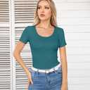 VICHYIE Summer Short Sleeve Shirts for Women Scoop Neck Top Ribbed Henley Slim Fitted Tee Sexy Casual Square Neck Basic Blouses Tshirts Teal XL
