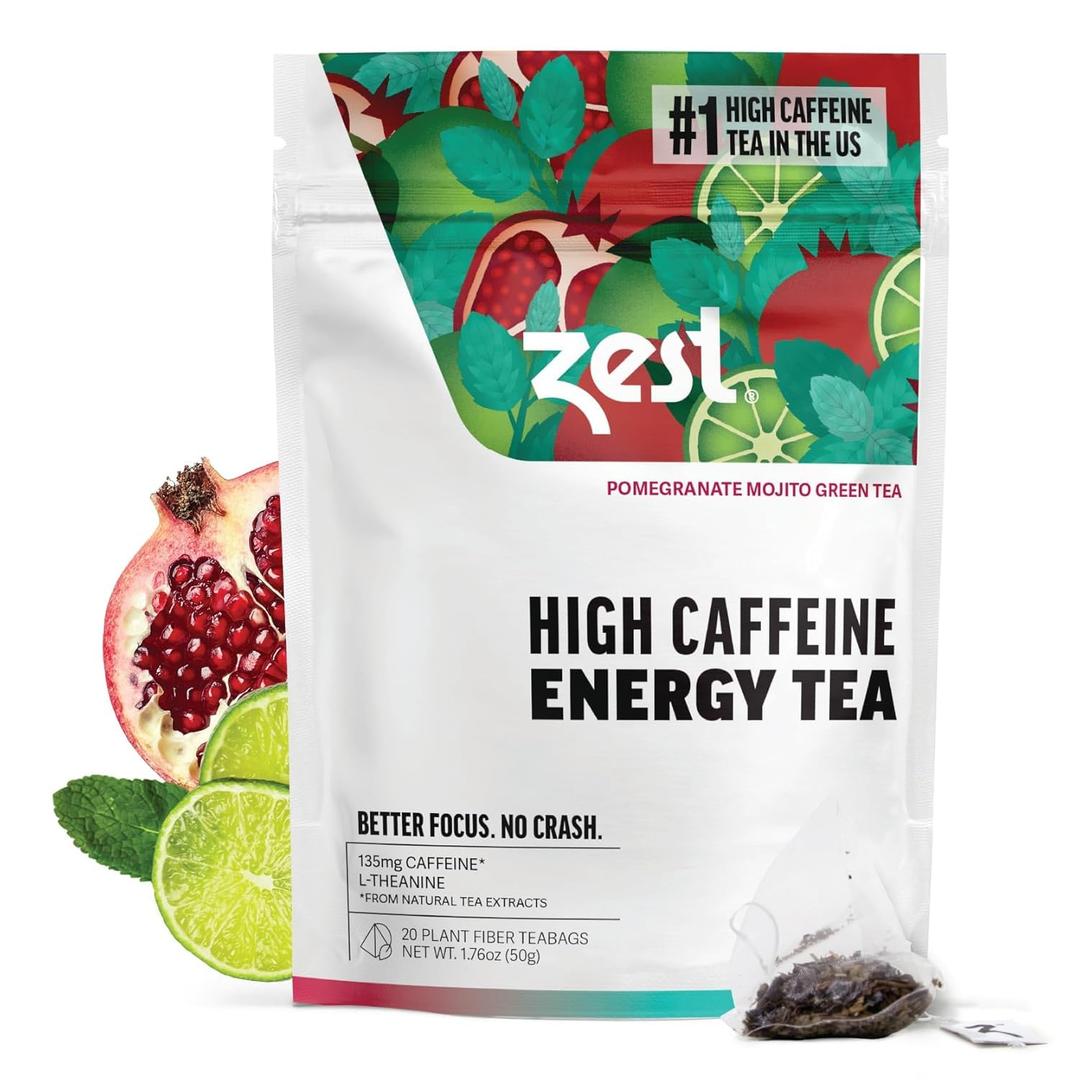 Zest Energy Green Tea  Pomegranate Mojito High Caffeine Tea Bags for Focus & Morning Energy  Natural Caffeinated Tea with 135mg Caffeine  Coffee Substitute  20Ct Pack, Non-GMO & Keto Friendly